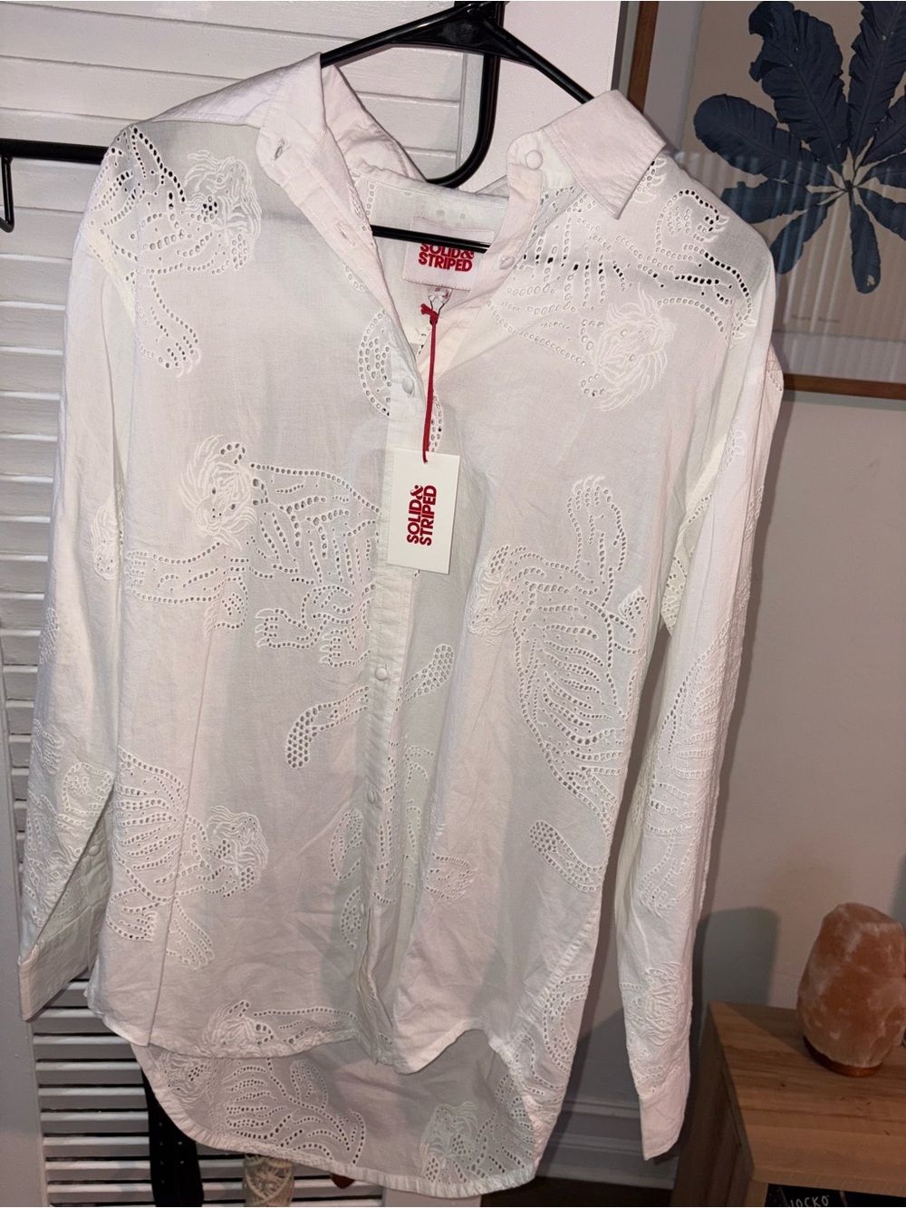 NWTSOLID & STRIPED White Eyelet Button-Front Top